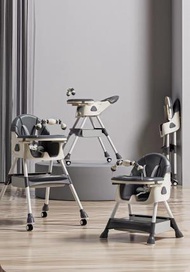 全城熱賣 - E-560A深灰色（可折疊可躺+輪子+玩具架+皮墊+雙餐盤+收納袋）多功能兒童餐椅