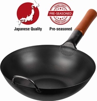 Yosukata Pre-Seasoned Carbon Steel Wok Pan – 11.6" Woks and Stir Fry Pans - Chinese Wok with Flat Bottom Pow Wok - Traditional Chinese Japanese Woks - Black Steel Wok