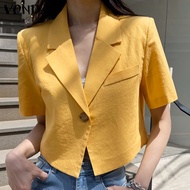 VONDA Women Korean Lapel Collar Solid Color Button Up Casual Short Blazer