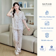Soft and Cool Latin Silk Pajama Set Short Sleeve Shirt, Mid-length, Long Pants SATINO - Cuddle Beige