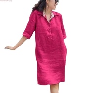 LAHSTORE linen straight dress with loose sleeves and shirt collar, youthful and luxurious DS01 (Moss