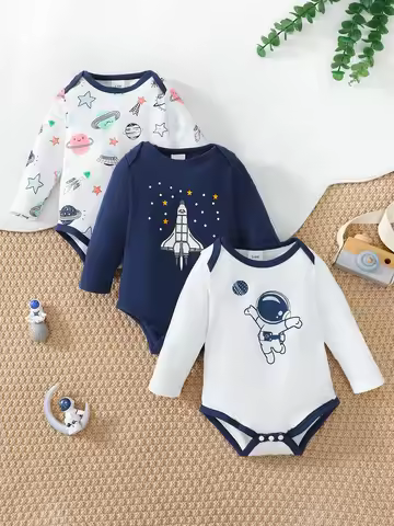 Winter 0-1 Years Old Infant Baby Boys Long Sleeved Planet Elements Astronaut Printing Romper 3-Piece
