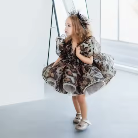 Baby Girls Leopard Print Puffy with Clothes Toddler Kids Puff Costume First Birthday Party Costume C