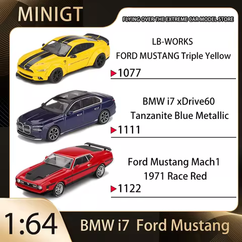 MINIGT 1:64 LB-WORKS FORD MUSTANG Triple Yellow BMW i7 xDrive60 Alloy Diecast Car Model Collect Orna