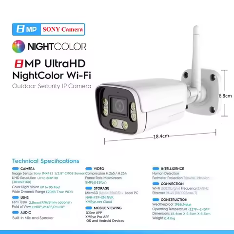 4K IMX415 8MP Wireless Outdoor Security Wifi AI Camera 98ft NightColor Human Detection Bullet Waterp