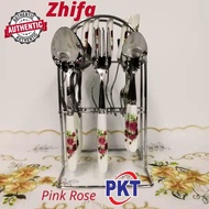 🌟FREE RACK🌟 Cutlery Set Zhifa 24pc Floral Design Porcelain Handle Stainless Steel [ Sudu Ceramic Pink Rose Bunga Vantage