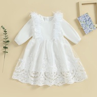Kids Girls Casual Dress Long Sleeve White Dress Crew Neck Feathers Patchwork Fall Dress for Little G
