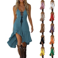 Vis Cowgirl Crochet Lace Dress Spaghetti Strap  Waist Swing Long Dress for Women