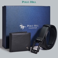 POLO HILL Men Gift Box Bundle Set Genuine Leather RFID Secured Wallet Automatic Buckle Belt PMAS002