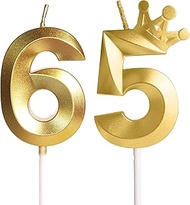 Golden Birthday Candle 65 with Crown - Gold Candles Birthday Cake Decoration, Golden Number Candle f