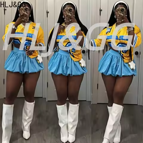 HLJ&GG Y2K Jersey Sets Streetwear Fashion Letter Print Short Sleeve Loose Tshirts And Puffy Mini Ski