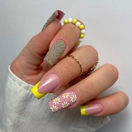 Wearing Nails Nails Yellow French Manicure Nails Small Flower Glitter Nails press on nails2026.7.20