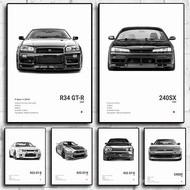 G8OD Pop Black and White Japan Cars Luxury Super Sport Car Poster Aesthetic R34 Gtr 240sx Canvas Pri