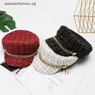 [Popularfactors] Autumn Winter Pearl Chain Flat Top Navy Hat Fashion Beret Newsboy Caps Berret Woman