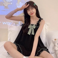 Women Pajamas Women's Sling Pajamas Sleeveless Shorts Black Simple Women's Pajamas Bubble Cotton Lou