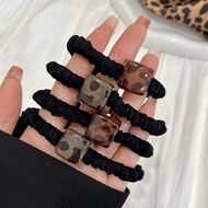 T Temperament Retro Leopard Print Square Hair Tie Black Scrunchy Hair Tie Fashion Beaded Ponytail Ru