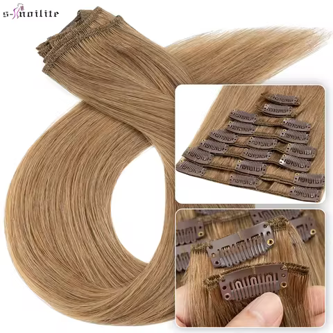 S-noilite Natural Hair Extensions 50-80g Human Hair Thin Straight Hairpiece 8"-24" 8Pcs/Set Full Hea
