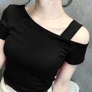斜肩上衣 off-shoulder top黑色斜肩纯棉短款短袖T恤女2025新款夏季修身露肩甜辣风绝美上衣新款2025.12.16