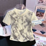 上衣女Women's to  新中式国风盘扣扎染短袖t恤女夏季2024新款女装修身显瘦短款上衣