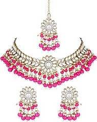 I Jewels Gold Plated Indian Wedding Bollywood Kundan &amp; Pearl Choker Necklace Earring &amp; Maang Tikka Ethnic Jewellery Set Gift for Women &amp; Girls(K7232-1)