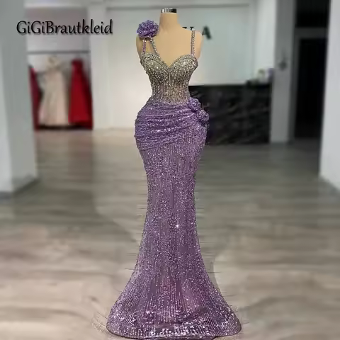 GiGiBraut Sparkly Prom Dresses for Women with Rhinestones Spaghetti Straps Sequined Mermaid Vestidos