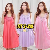 Baju Tidur Wanita Satin Ice Silk Free Size S to 2XL Kain Selesa Nightdress Sleepware Lingeria Women Ladies