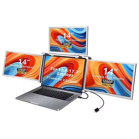 14" Portable Quad Monitor Laptop Screen Extender 1 Cable 3 Screens Compatible Win/Mac M1/M2/M3 60Hz 
