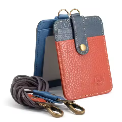 Retro Employee’s Card Holder with 49cm Lanyard Neck Strap Cowhide Genuine Leather CardHolders Staff