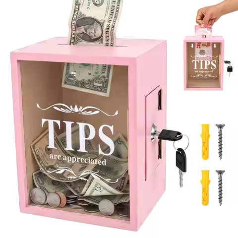 Lockable Wooden Tip Box with Clear Acrylic Window Tip Jar with 2 Key Donation Box for Home Restauran