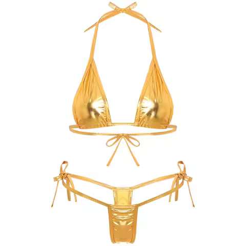 Womens Brazilian Micro Bikini Swimsuit Metallic Shiny Lacing Non-Padded Triangle Cup Bra Top with G-