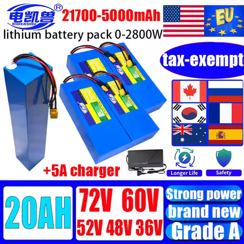 21700 Electric motorcycle lithium battery rechargeable pack 72V 60V 52V 48V 36V 20AH with BMS 0-2800