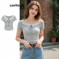 trendy5-Lovito Casual T-Shirt Plain Lace Up Ruffle Neck T-Shirt for Women L104ED543