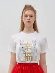 iCONiC WHITE GOLD FONT RABBIT COUPLE T-SHIRT No.5 #7130 เสื้อยืด สีขาว ลายกระต่ายคู่ แบบ5 เสื้อตรุษ