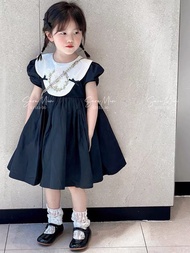 June Elegant Black Formal Dress with Pearl Embellished Neck for Girls