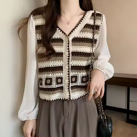 Granny Square Crochet Top Blouse with Chiffon Sleeve Button Front Cardigan Crop Top Women Spring Sum