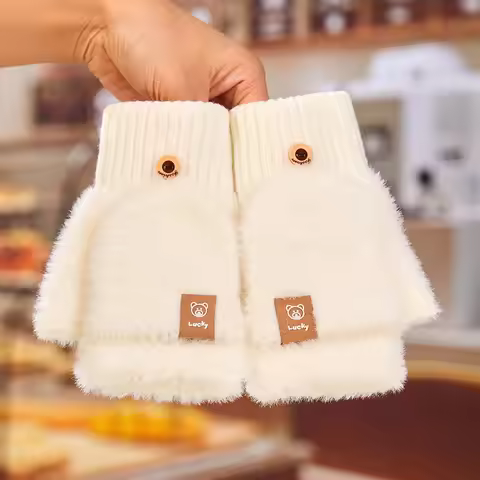 Women Fuzzy Gloves Winter Flip-Top Warm Fingerless Mittens Student Writing Thick Cute Bear Soft Typi