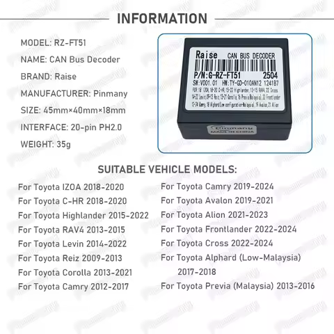 Car CAN Bus Decoder RAISE RZ-FT51 for Toyota C-HR Highlander RAV4 Levin Corolla Camry Avalon Alion F