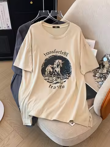 150Kg Plus Size Women's Bust 157 Summer Loose Slit Short Sleeved T-Shirt Cartoon Print Top 5XL 6XL 7