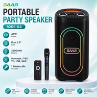 BAAB B206-04 Portable Party Speaker 40W Portable Speaker with Microphone, RGB Light, TWS, USB, TF Ca