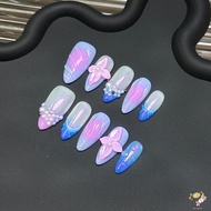 10pcs Flower Blush Fake Nails 3D Carved Floral Aurora Ice Transparent Design for Manicure Lovers and