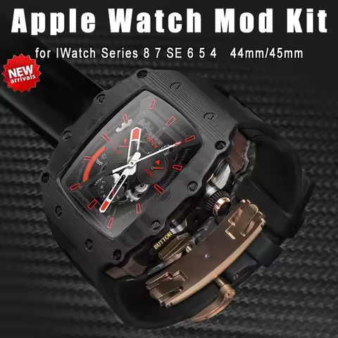 RM Carbon Fiber Modification Kit For Apple Watch Case Strap 9 8 7 6 5 4 SE Fluororubber Sports Band 