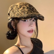 American Retro Hot Girl Leopard Print Forward Hat Female Autumn y2k Hot Sale Beret All-Match Face Ni