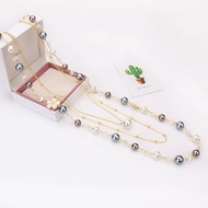 LZ Rantai Leher 3 Layer Perempuan Panjang Manik ala Mutiara Multilayer Fake Pearl Beads Flower Long 