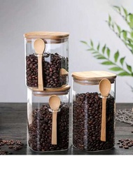 1入組日式風格大正方形玻璃密封儲物罐，附木製匙匙，可用於調味料、咖啡豆、奶粉或茶葉，家用
