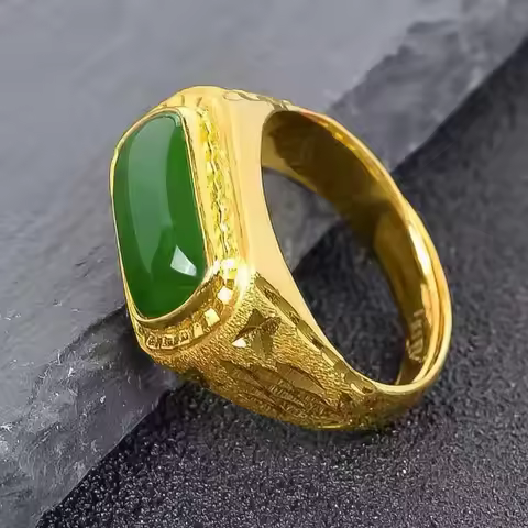 Men's 24K Gold Adjustable Jasper Ring, AU999 | Engraved "Mystery" with hidden star-trail motifs.