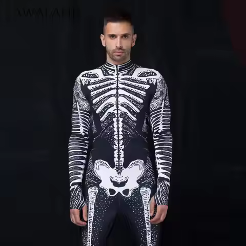 Zawaland Halloween Skeleton Costume for Man Front Zipper Zentai Catsuit Day of the Dead Party Bodysu