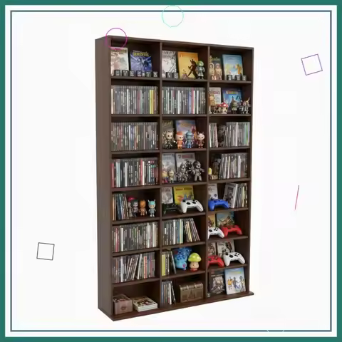 8-Tier Media Storage Cabinet, Tall Wooden CD DVD Rack Organizer for Video Games, Movies, Books, Rust