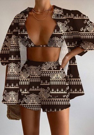 Printed+shirt+suspender vest shorts three-piece womens printed suit