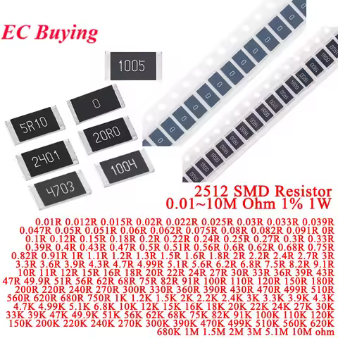 50Pcs 2512 SMD Alloy Resistor 1W 1% 0.01~100M 0.1 3.3 5.6 12 30 36 47 51 82 100 680 750 1K 2K 6.8K 1