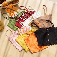 Ribbed Women's Tube Ruched Cotton Crop Top Spaghehtti Sexy Button Korean Black Tank Camiseta Plus Si